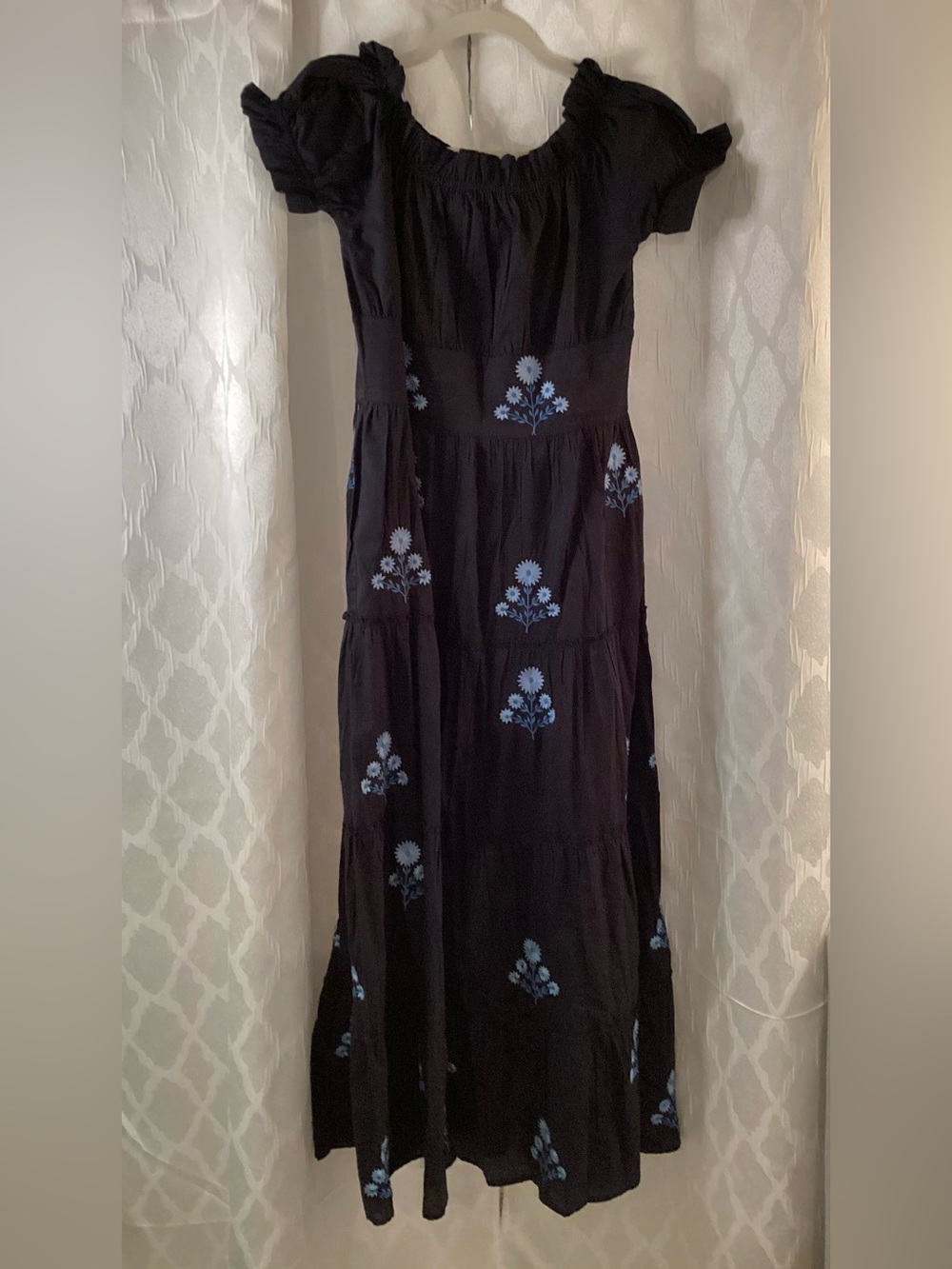 Navy Madison Matthews Maxi Dress with Light Blue Floral Embroidery